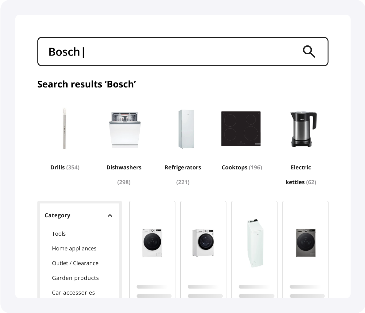 Intelligent subcategory filters in LupaSearch ecommerce site search, showing relevant categories for generic queries like “Bosch”
