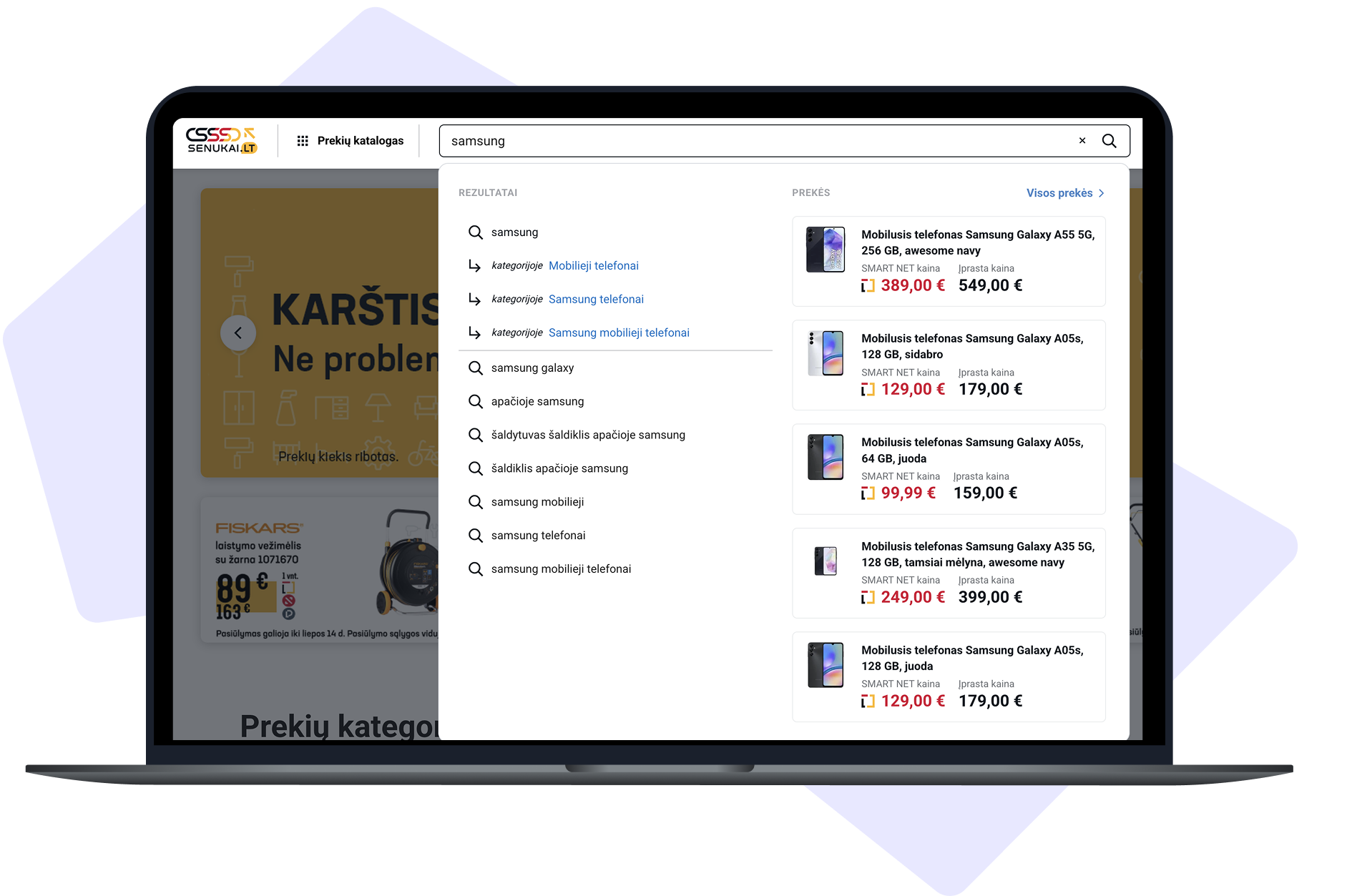 Kesko Senukai Digital increases conversions and revenue with LupaSearch. Kesko Senukai Digital case study results showing search conversion growth, revenue increase, and LupaSearch product search interface on a laptop.